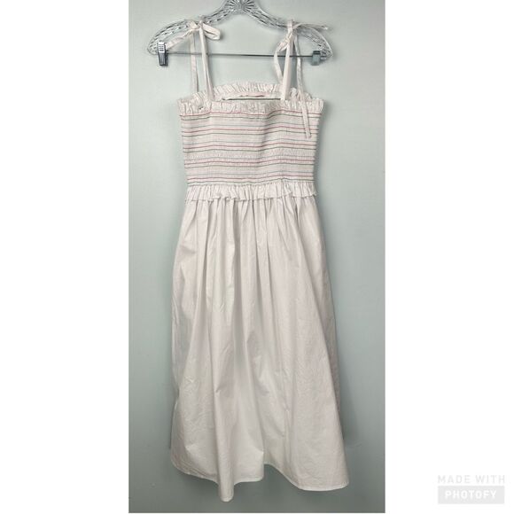 English Factory Smocked White Rainbow Midi Dress W/Pockets Adjustable Ties Sz M - Picture 4 of 16